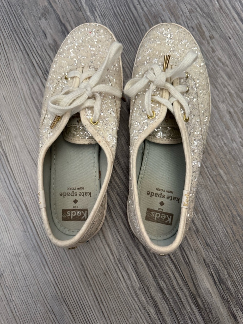 Keds Kids Glitter Lace-Up Sneakers in Cream with Gold Accents